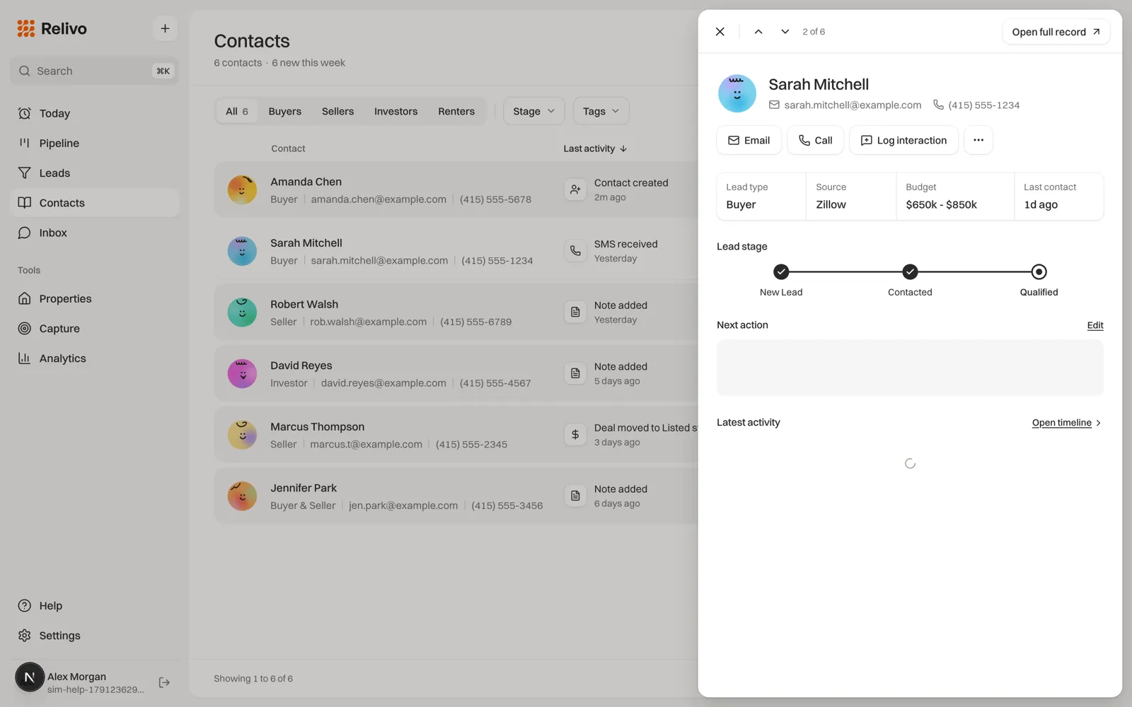 A contact preview panel open next to the Contacts list