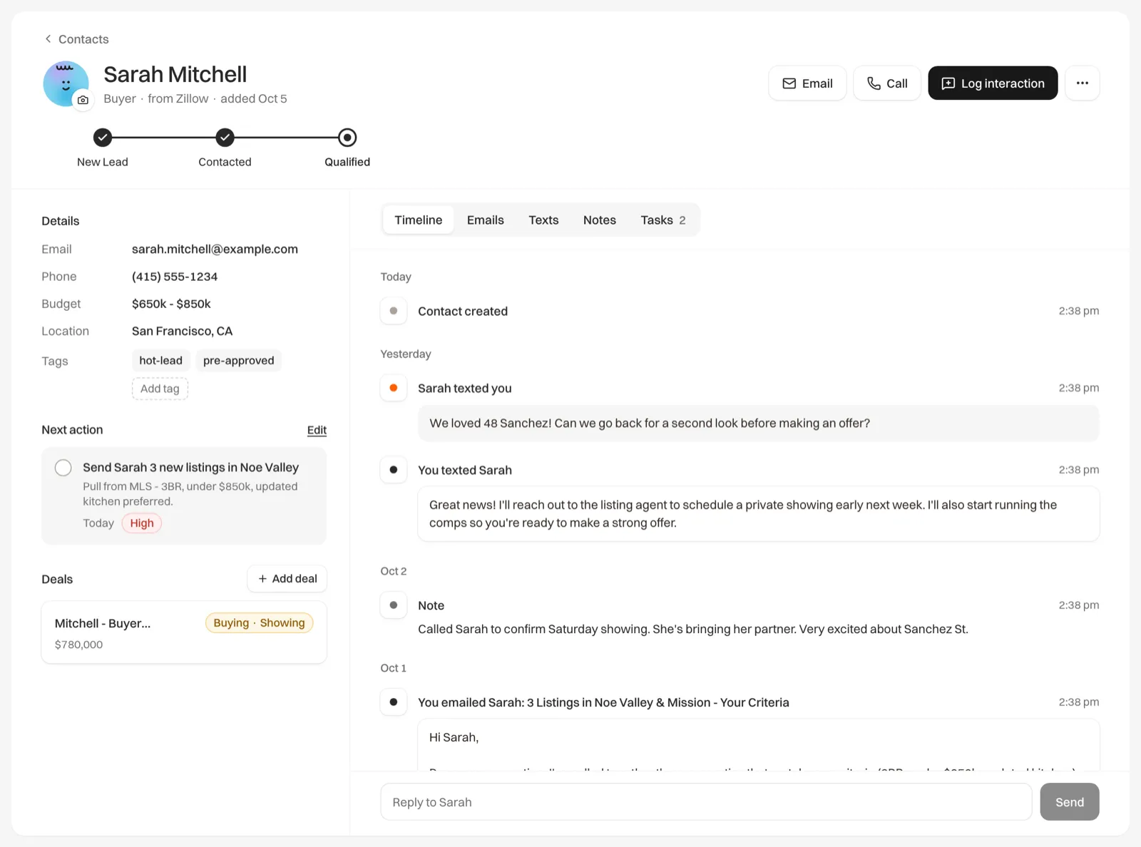 A contact page with details, deals and the activity timeline