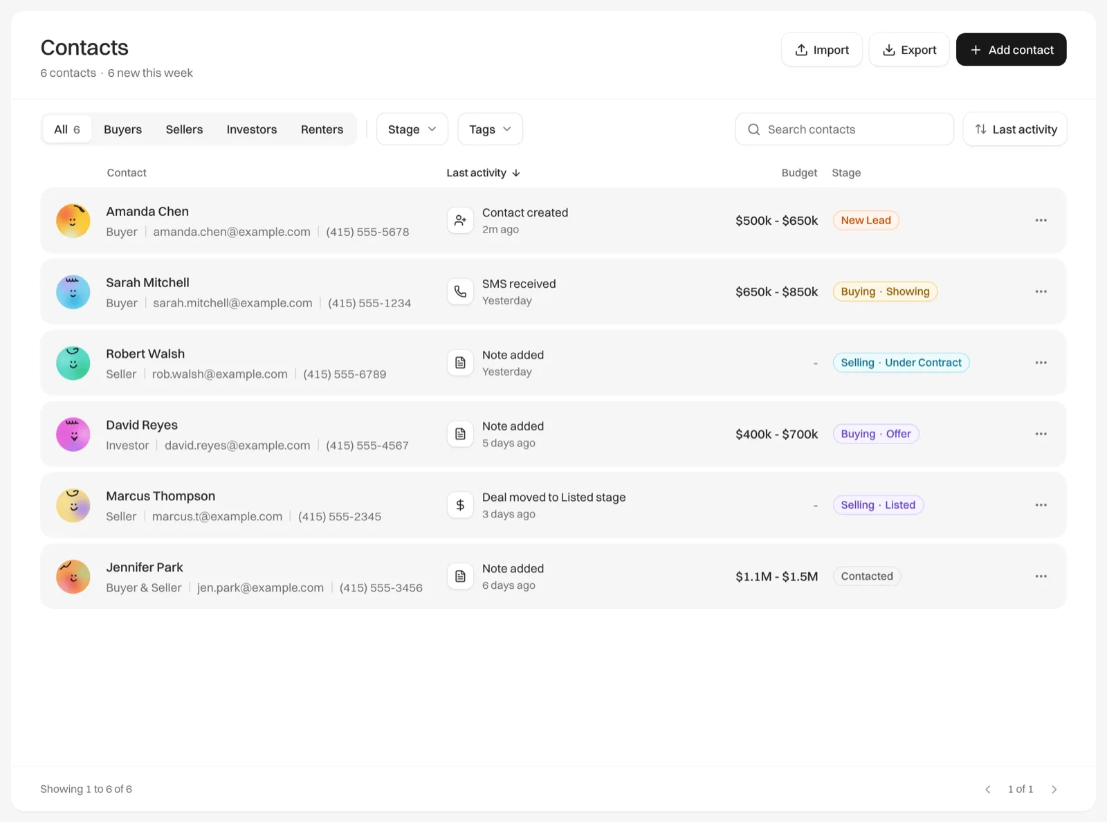 The Contacts list showing demo contacts with their stages