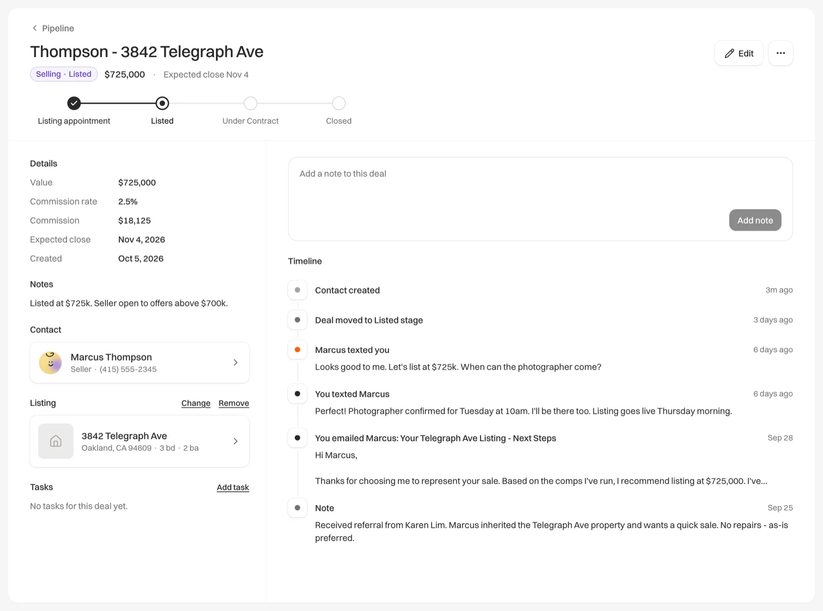 A deal page with its stage, value and contact