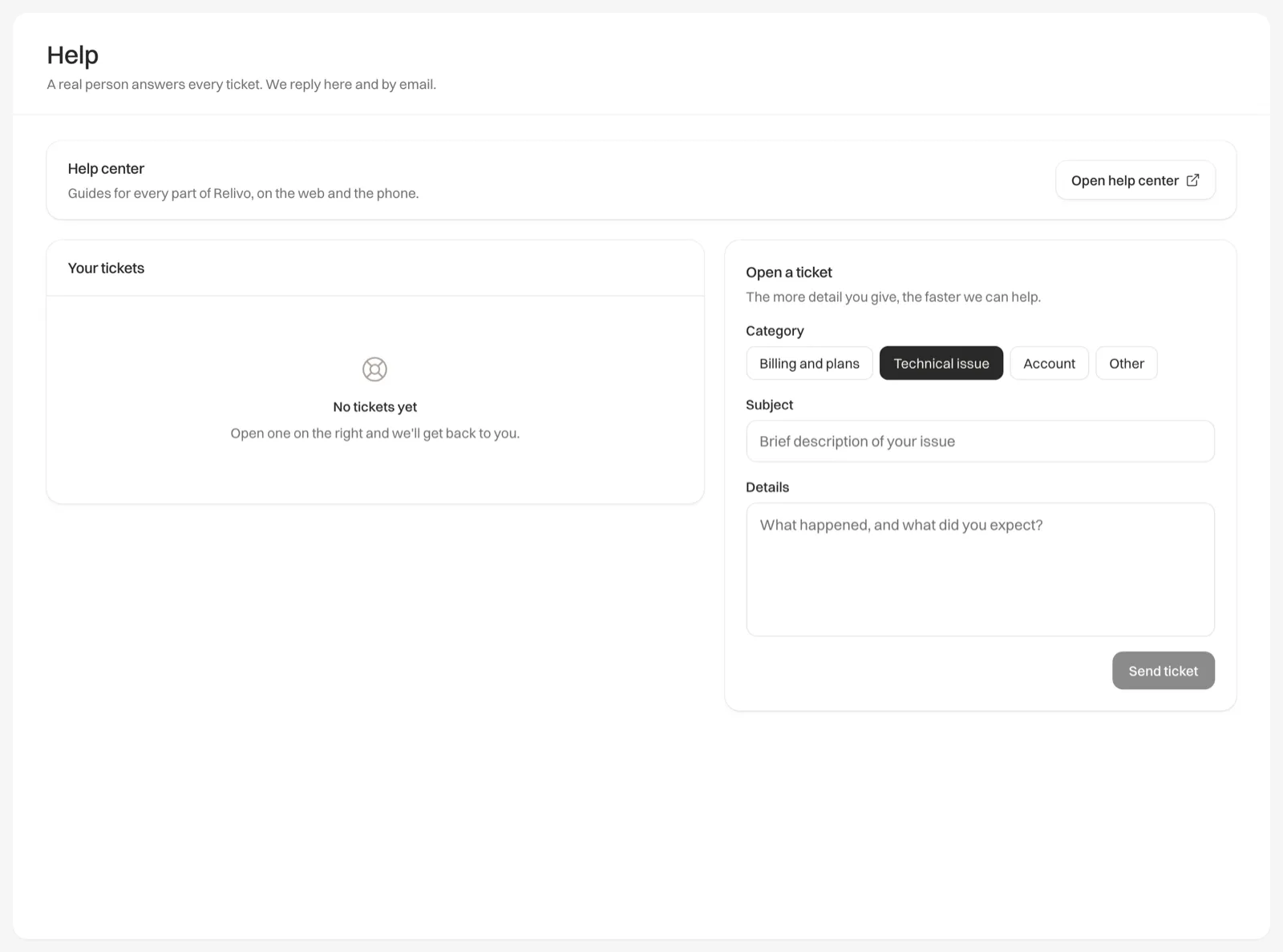 The Help page in the web app with the support ticket form