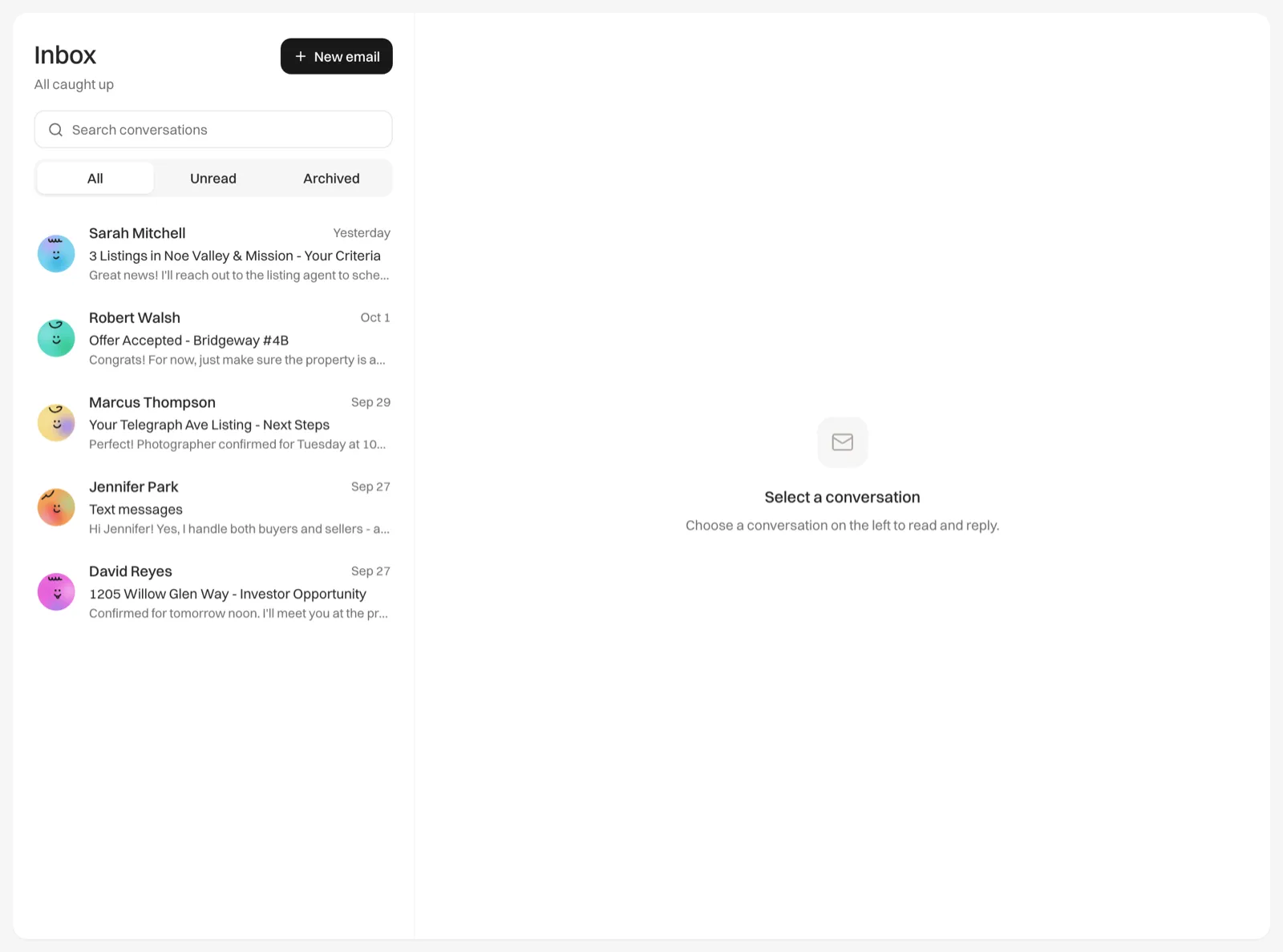 The Inbox showing email conversations with contacts