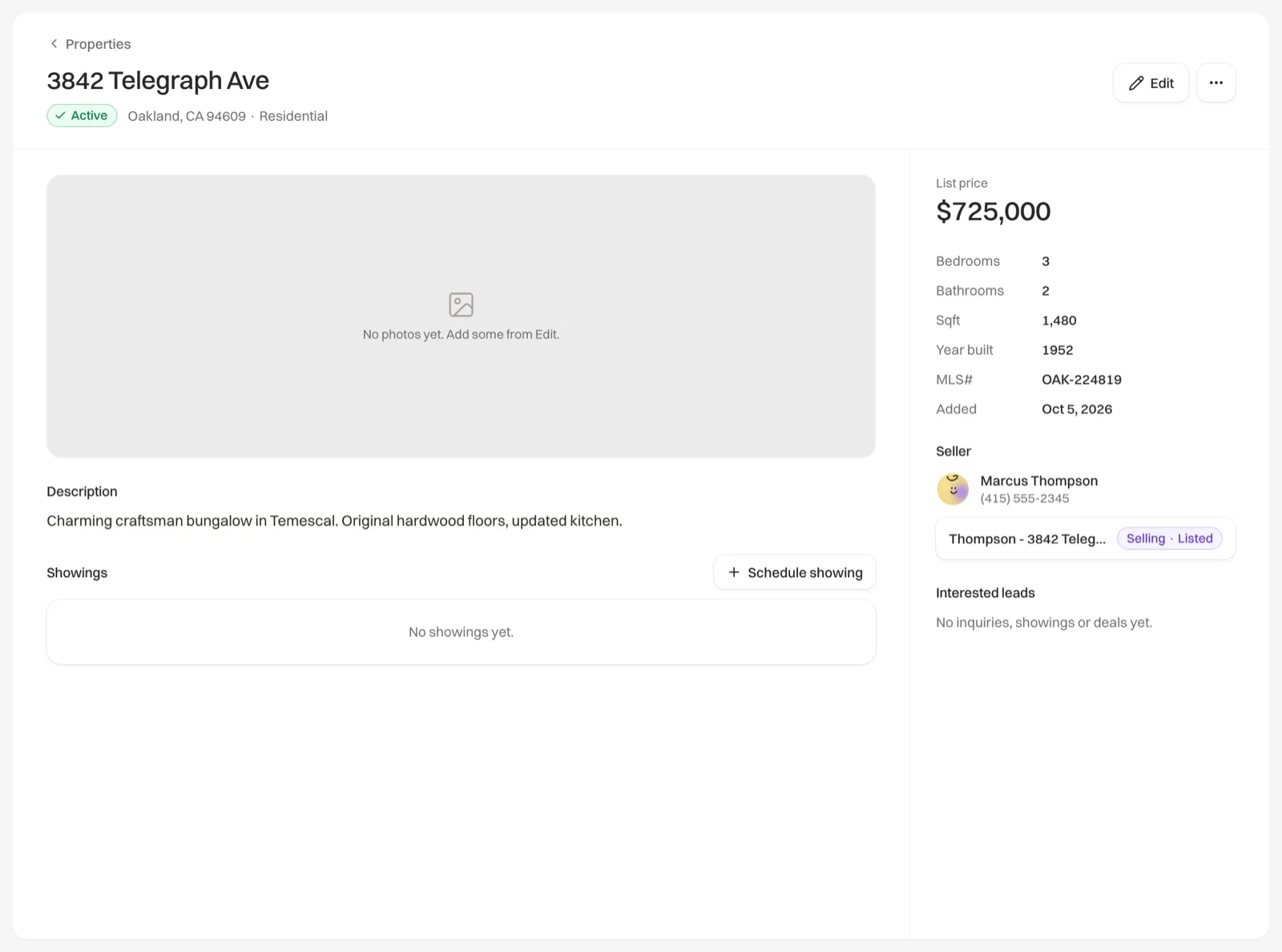 A listing page with photos, the seller and interested leads