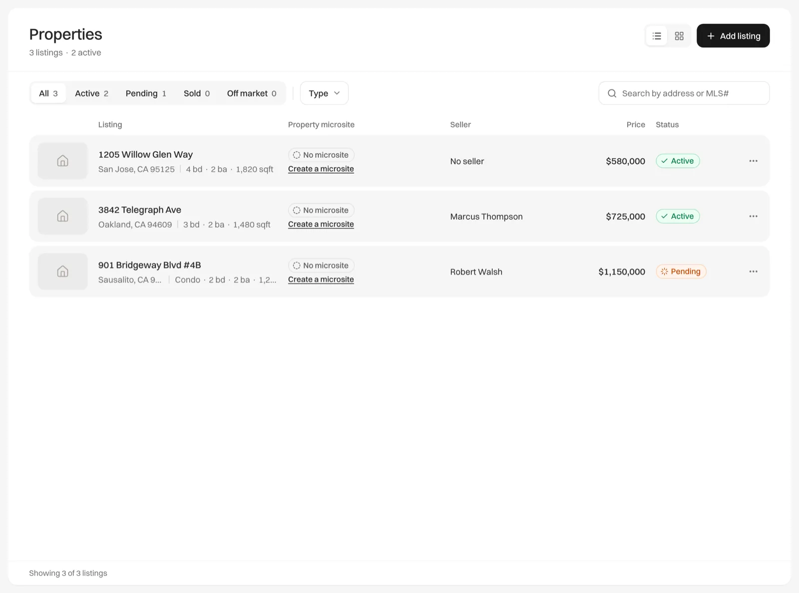 The Listings list with cover photos and status badges