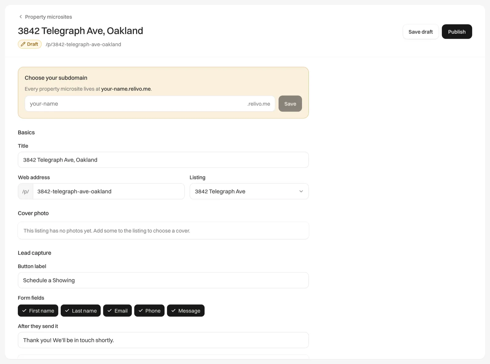The property microsite editor for a listing