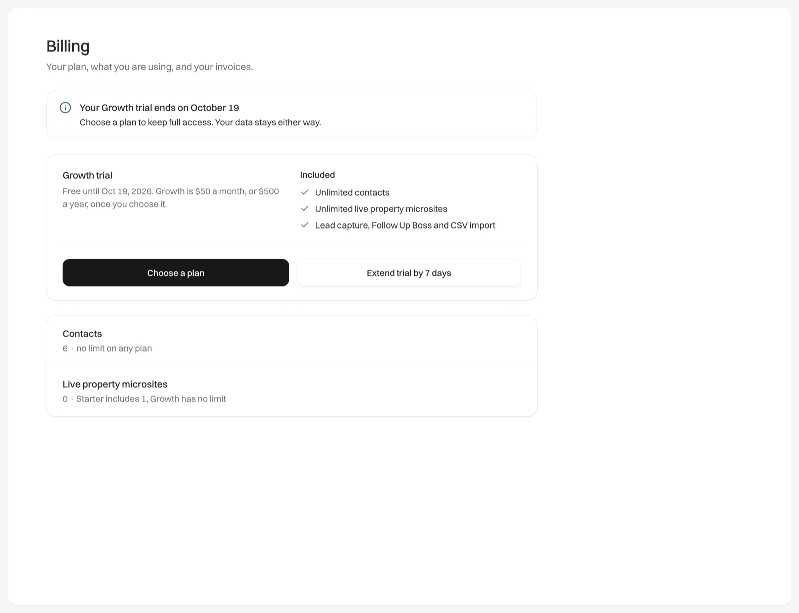 The Billing tab in Settings during a free trial