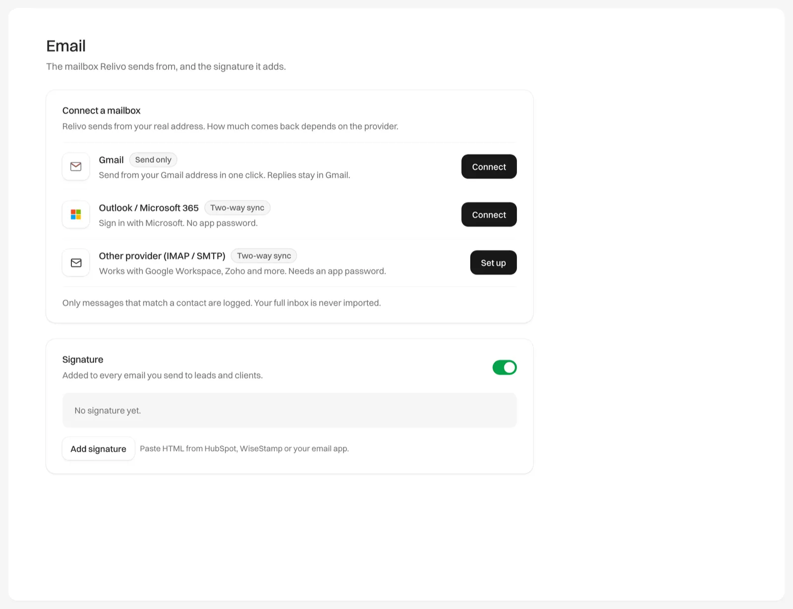 The Email tab in Settings with the mailbox options