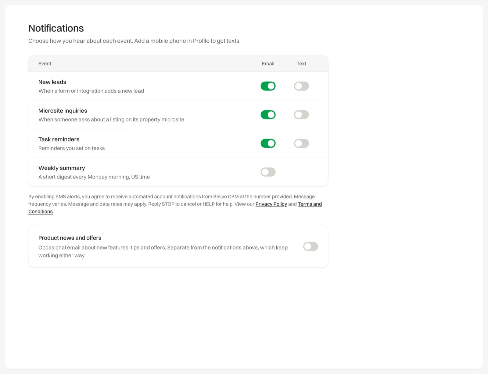 The Notifications tab in Settings with alert switches